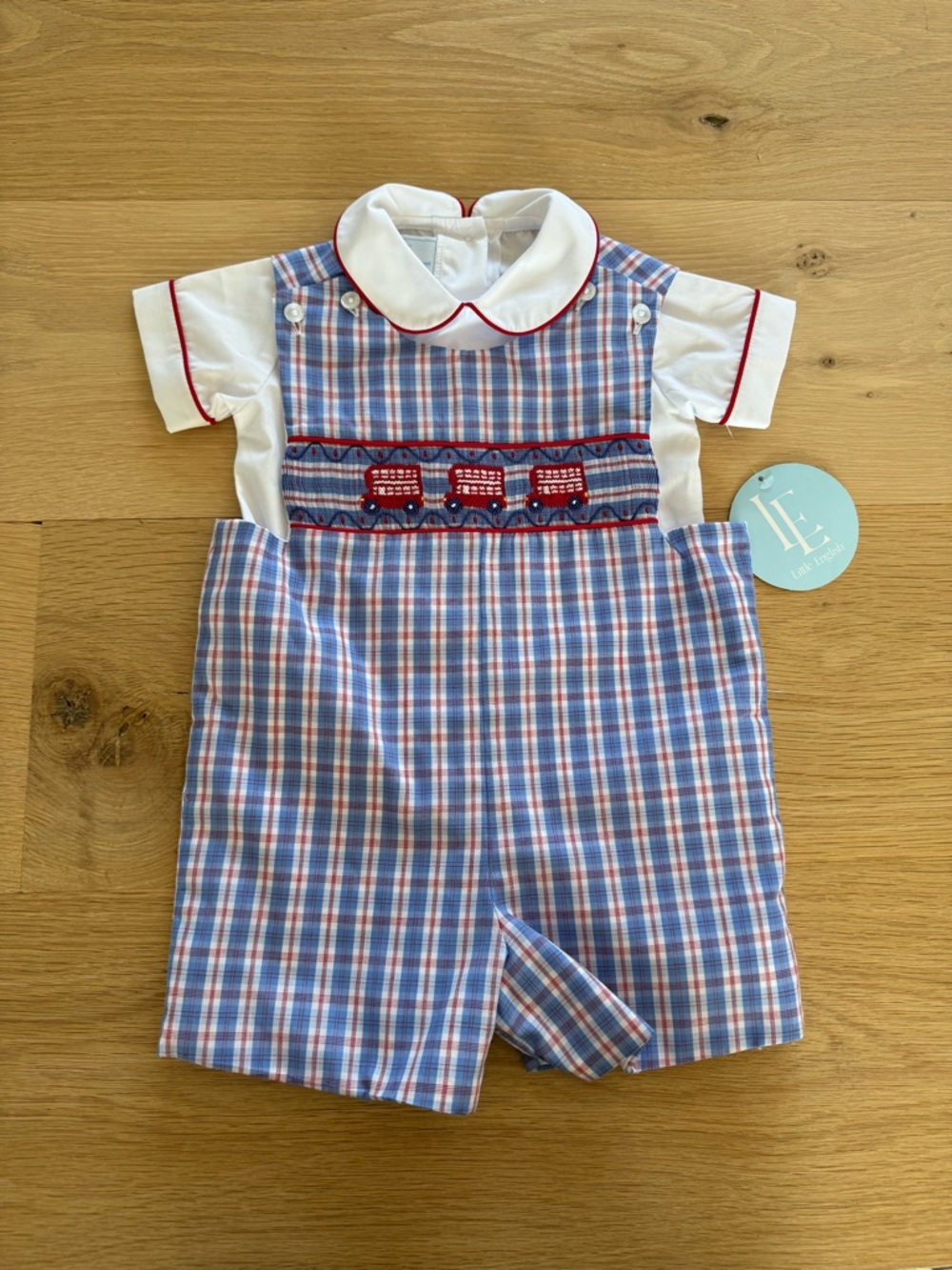 Little English Blue and Red Plaid Smocked Train Shortall
